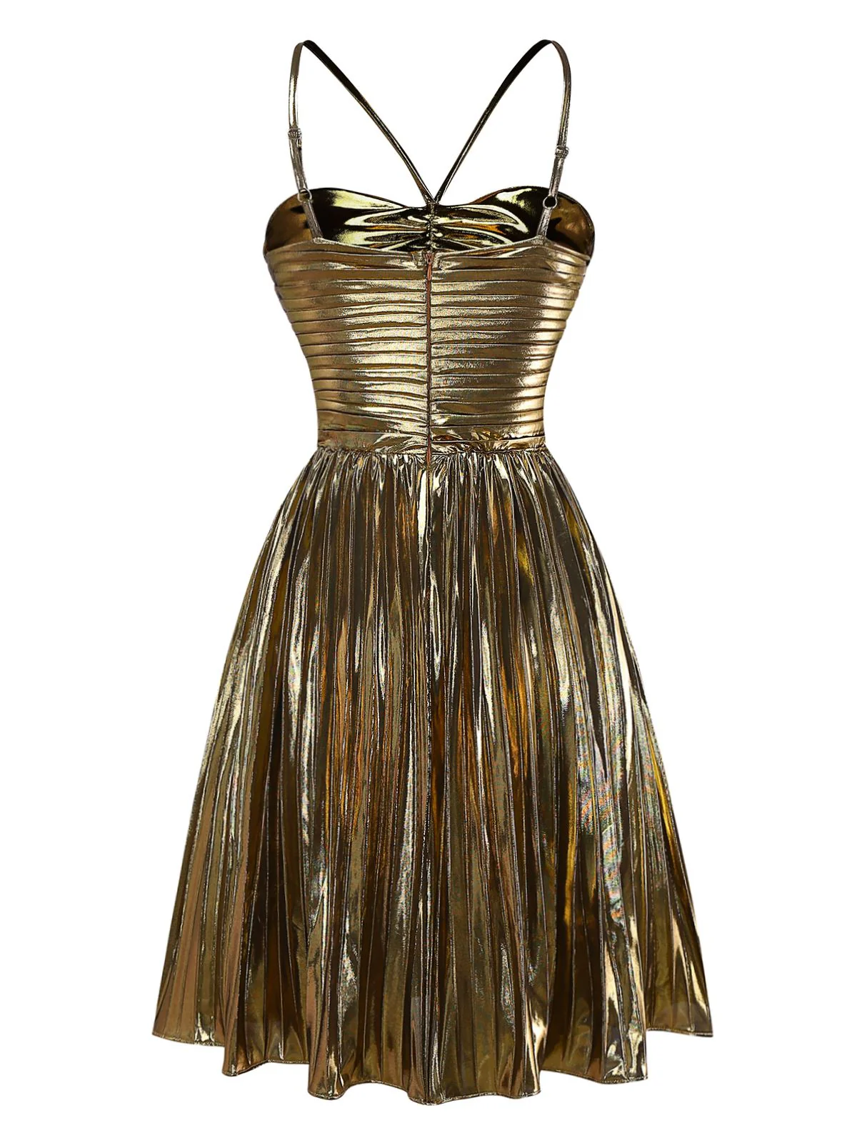 Robe de soirée dorée à bretelles plissée et ajourée des années 1960 - Image 3