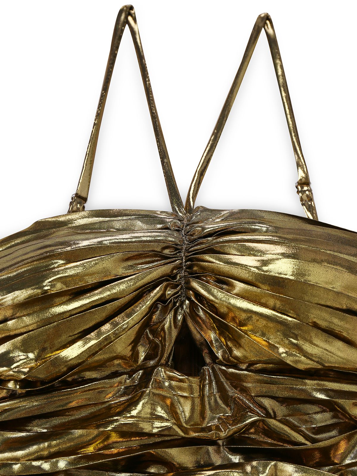 Robe de soirée dorée à bretelles plissée et ajourée des années 1960 - Image 4