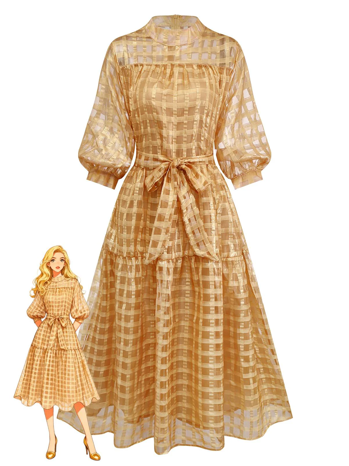 Robe de soirée mi-longue manches bouffantes en maille dorée des années 1940