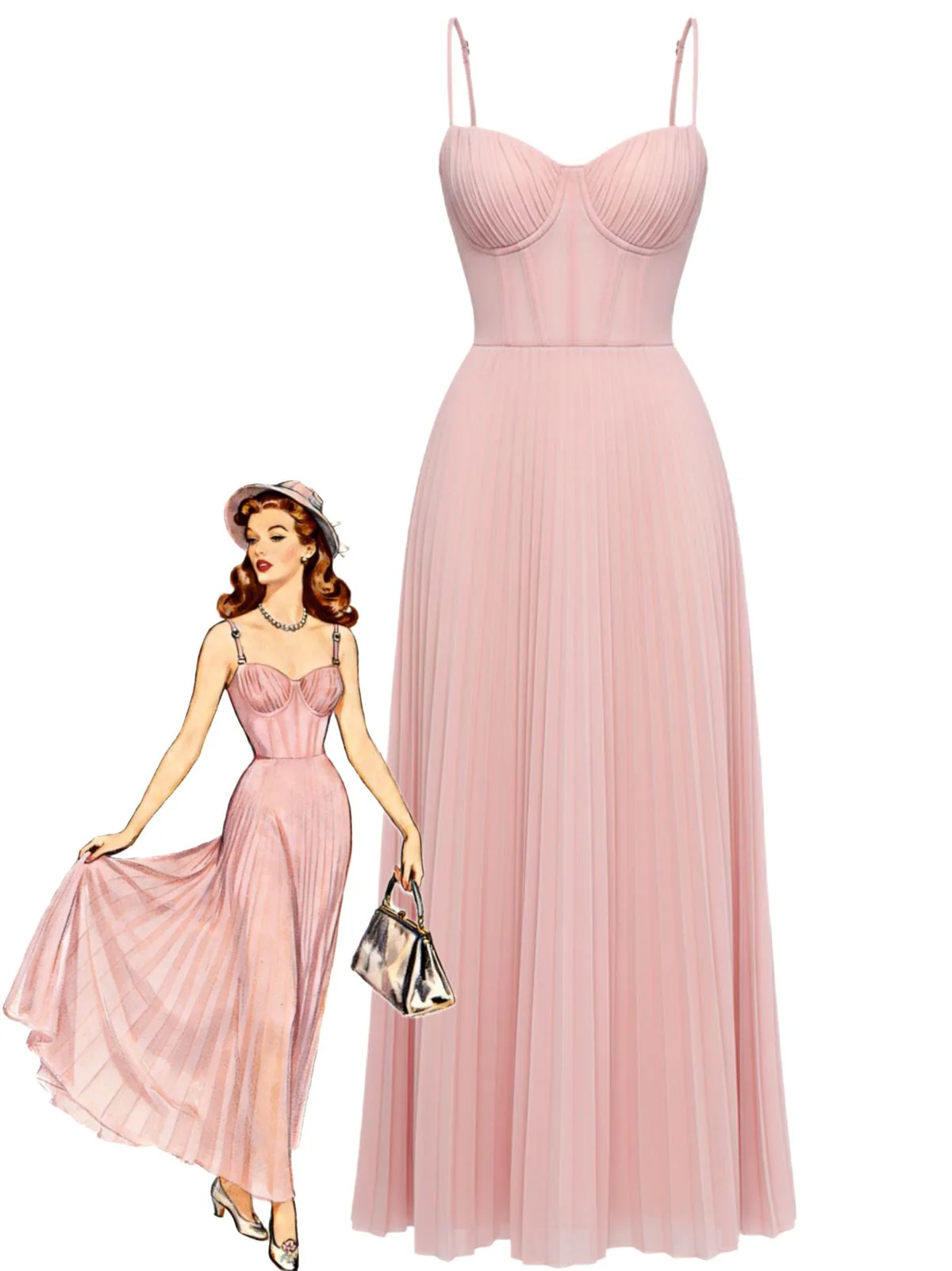Robe de soirée plissée unie bretelles années 1930