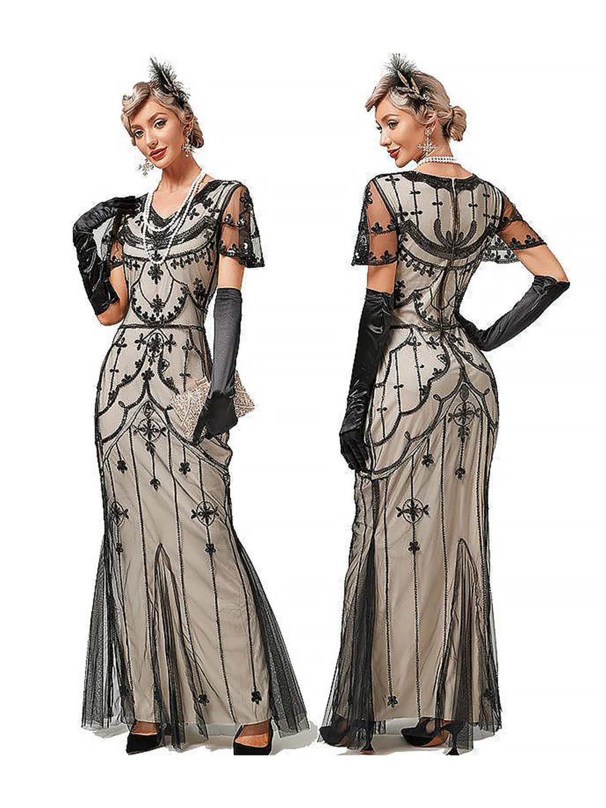 Robe de soirée sirène à col en V et paillettes en maille des années 1920 - Image 2