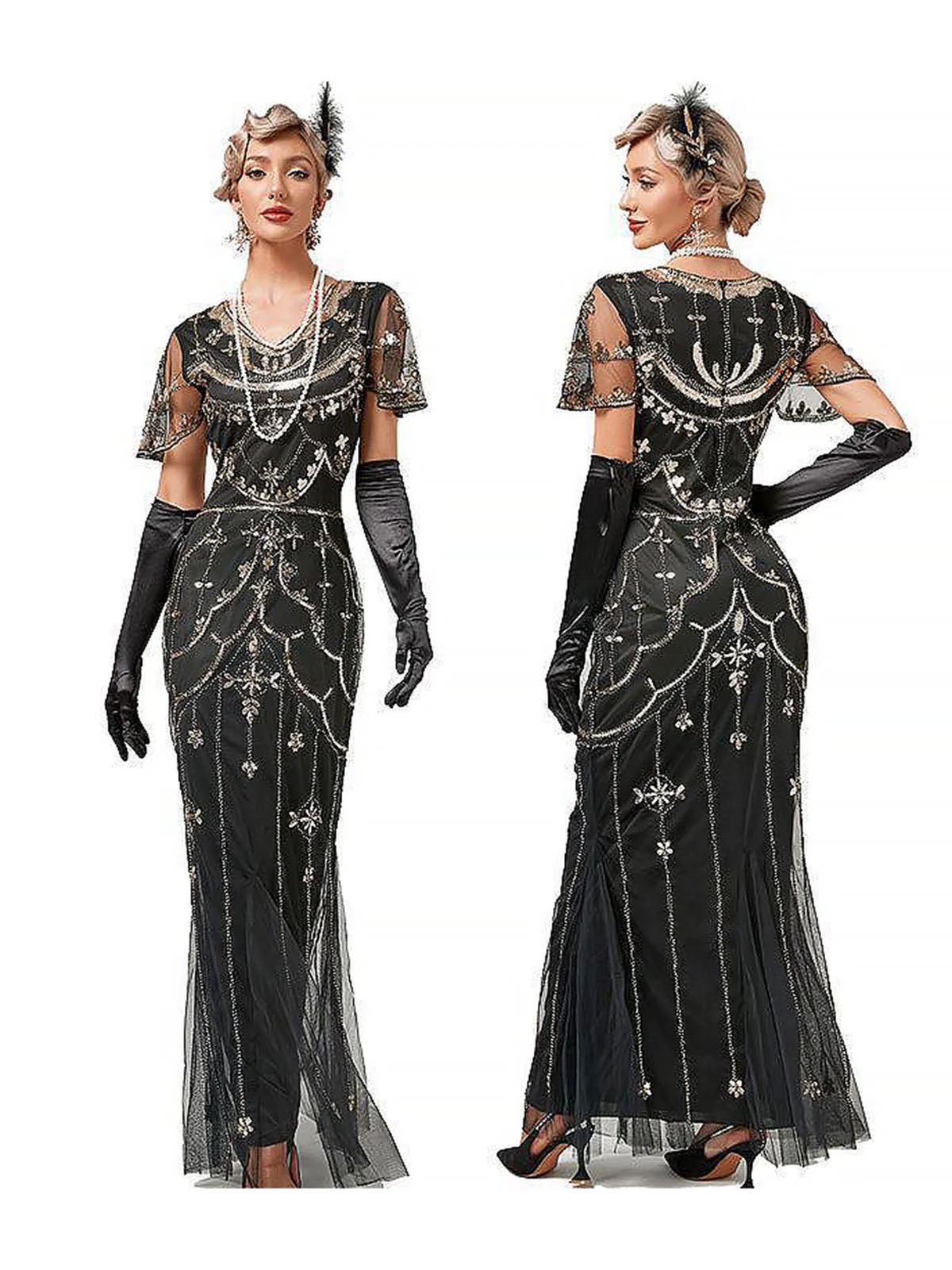 Robe de soirée sirène à col en V et paillettes en maille des années 1920 - Image 3