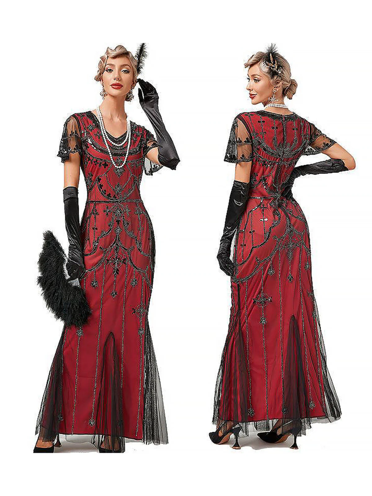 Robe de soirée sirène à col en V et paillettes en maille des années 1920 - Image 4