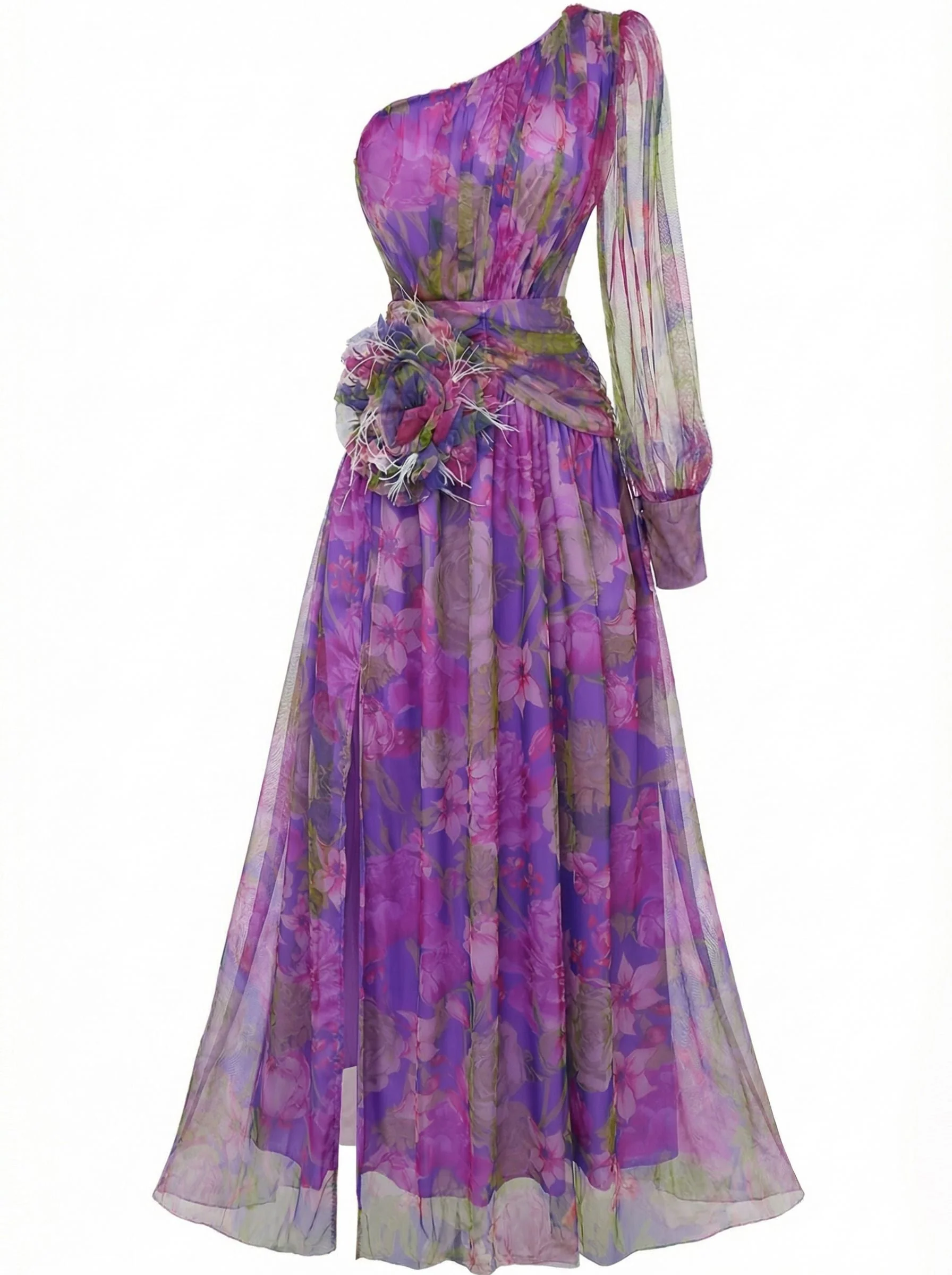 Robe de soirée violette une épaule en résille ornée de fleurs 3D années 1930 - Image 4
