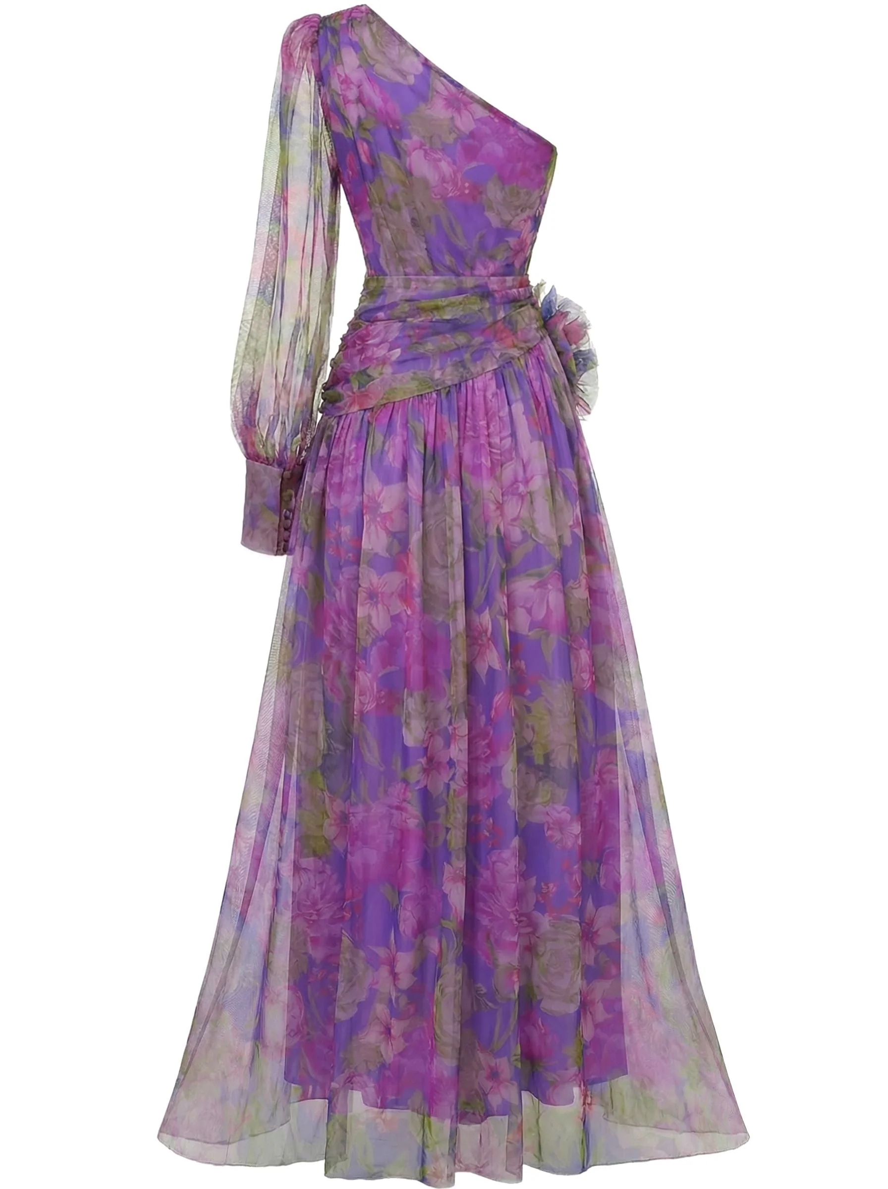 Robe de soirée violette une épaule en résille ornée de fleurs 3D années 1930 - Image 5