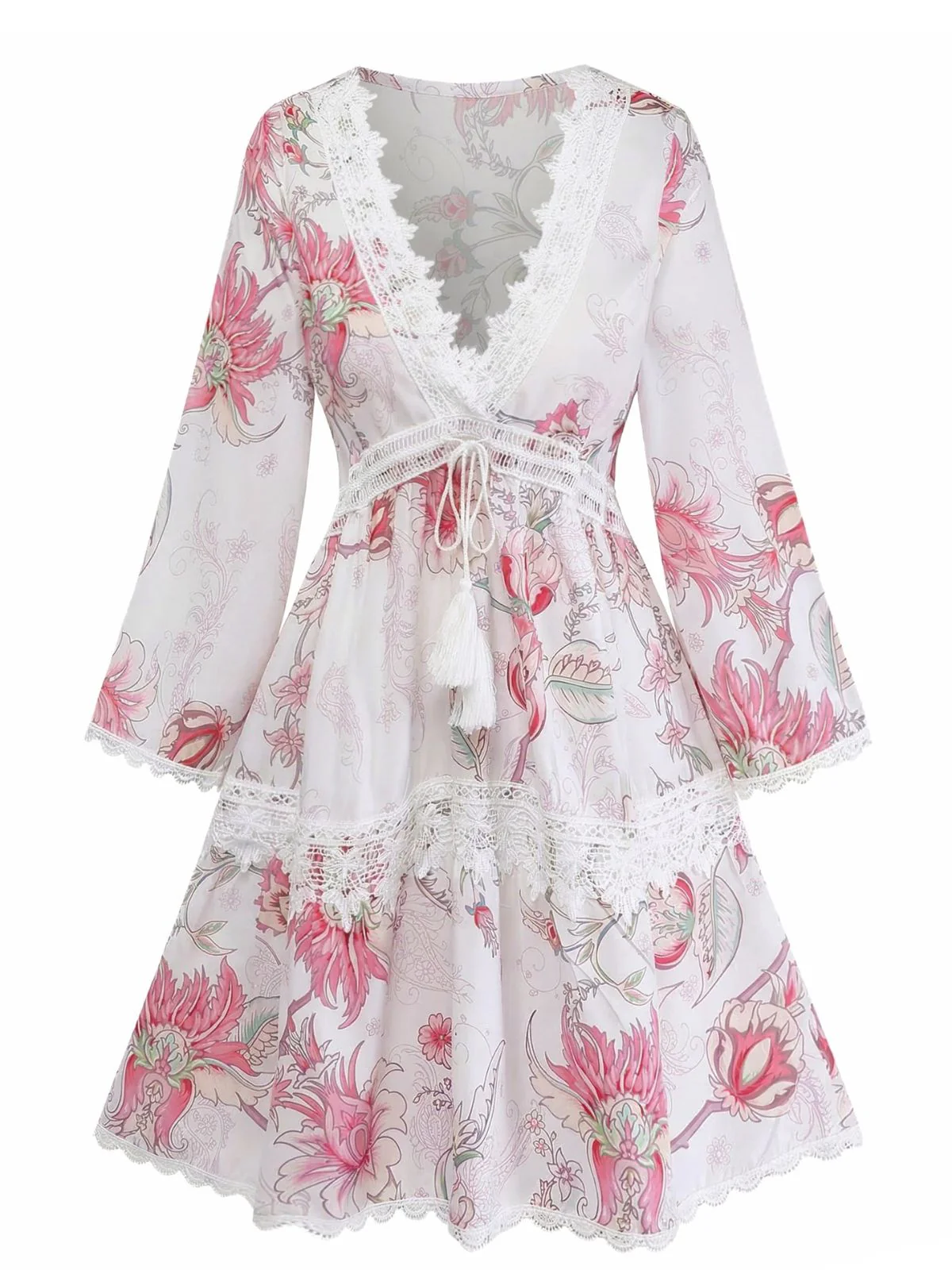 Robe dentelle rose imprimé floral ajouré col V années 1960