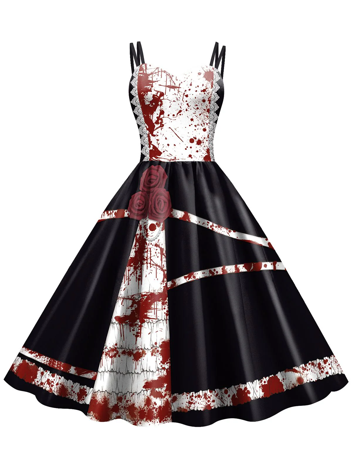 Robe d'Halloween doubles bretelles et roses sanglantes des années 1950
