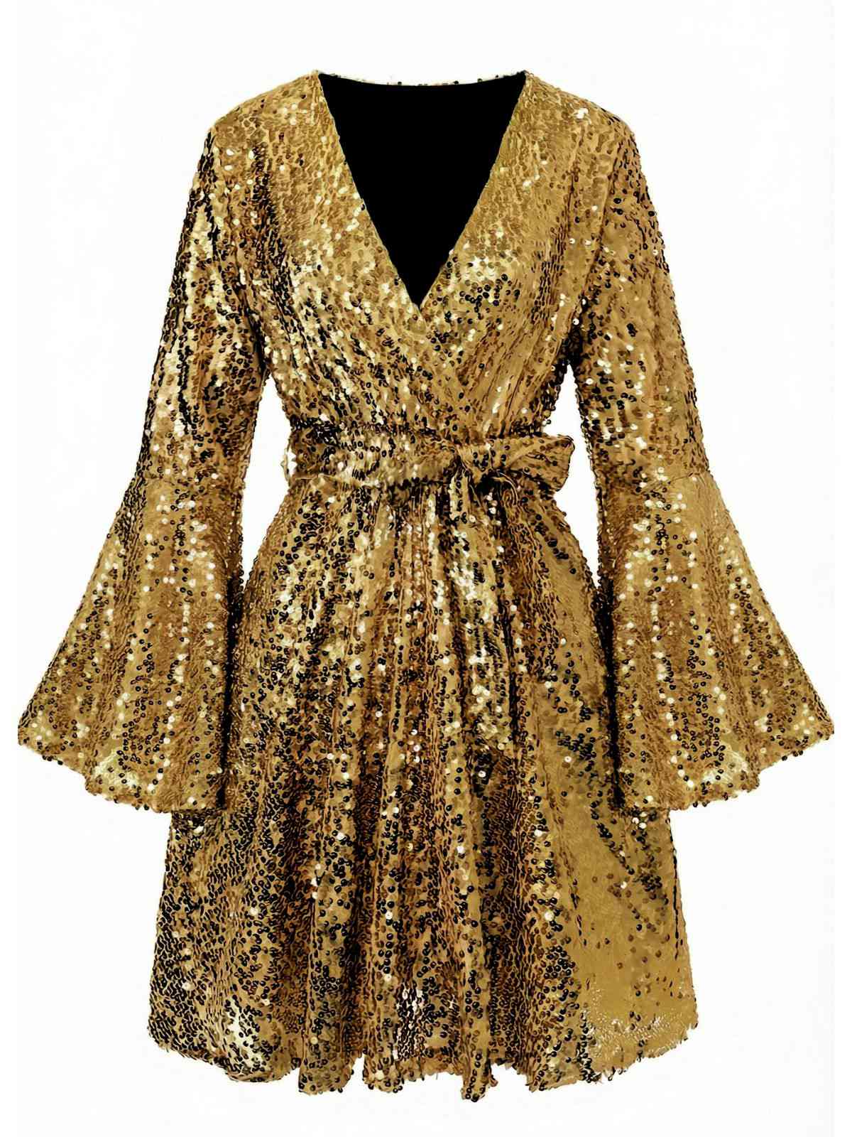 Robe disco à sequins col en V et manches évasées années 70 - Image 10