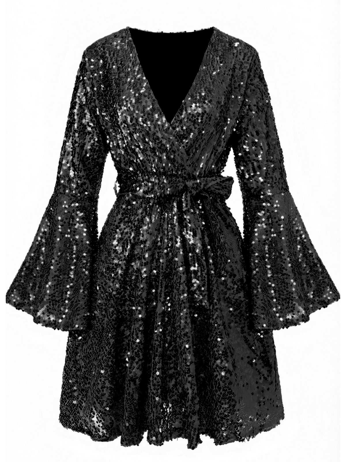 Robe disco à sequins col en V et manches évasées années 70 - Image 4