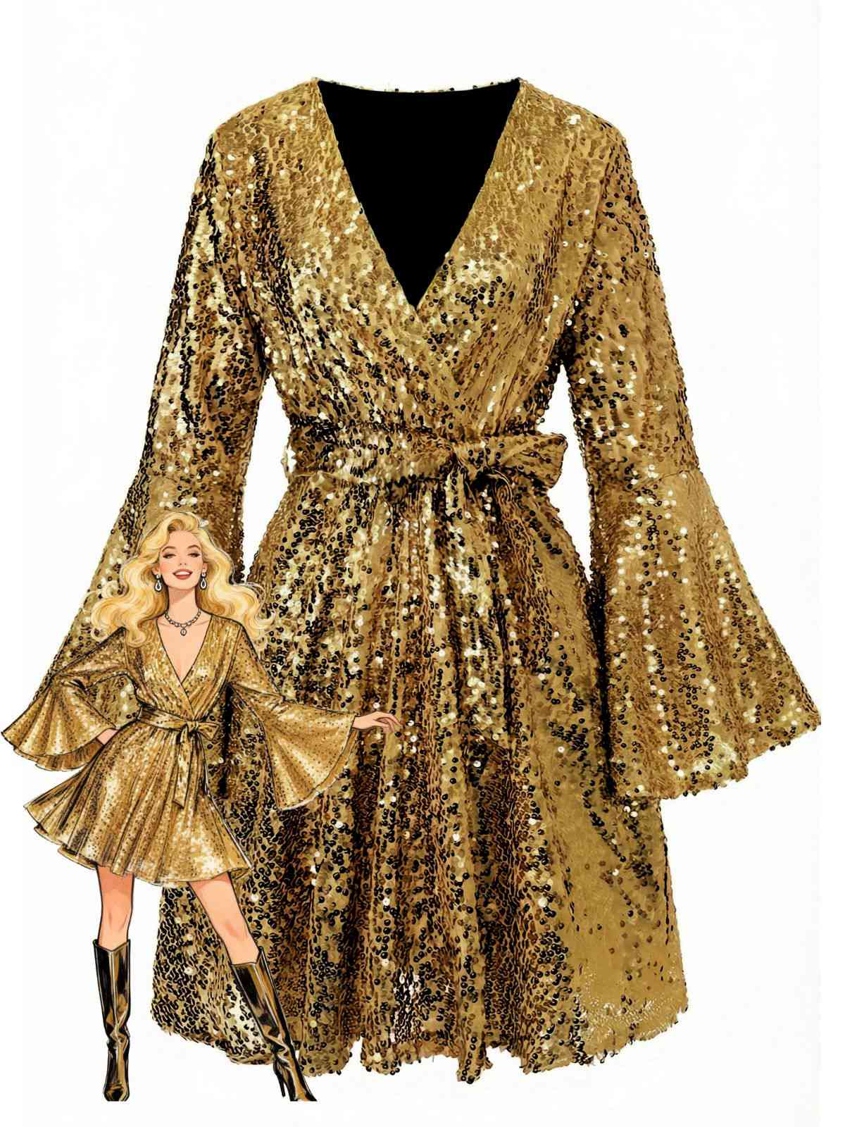 Robe disco à sequins col en V et manches évasées années 70 - Image 9