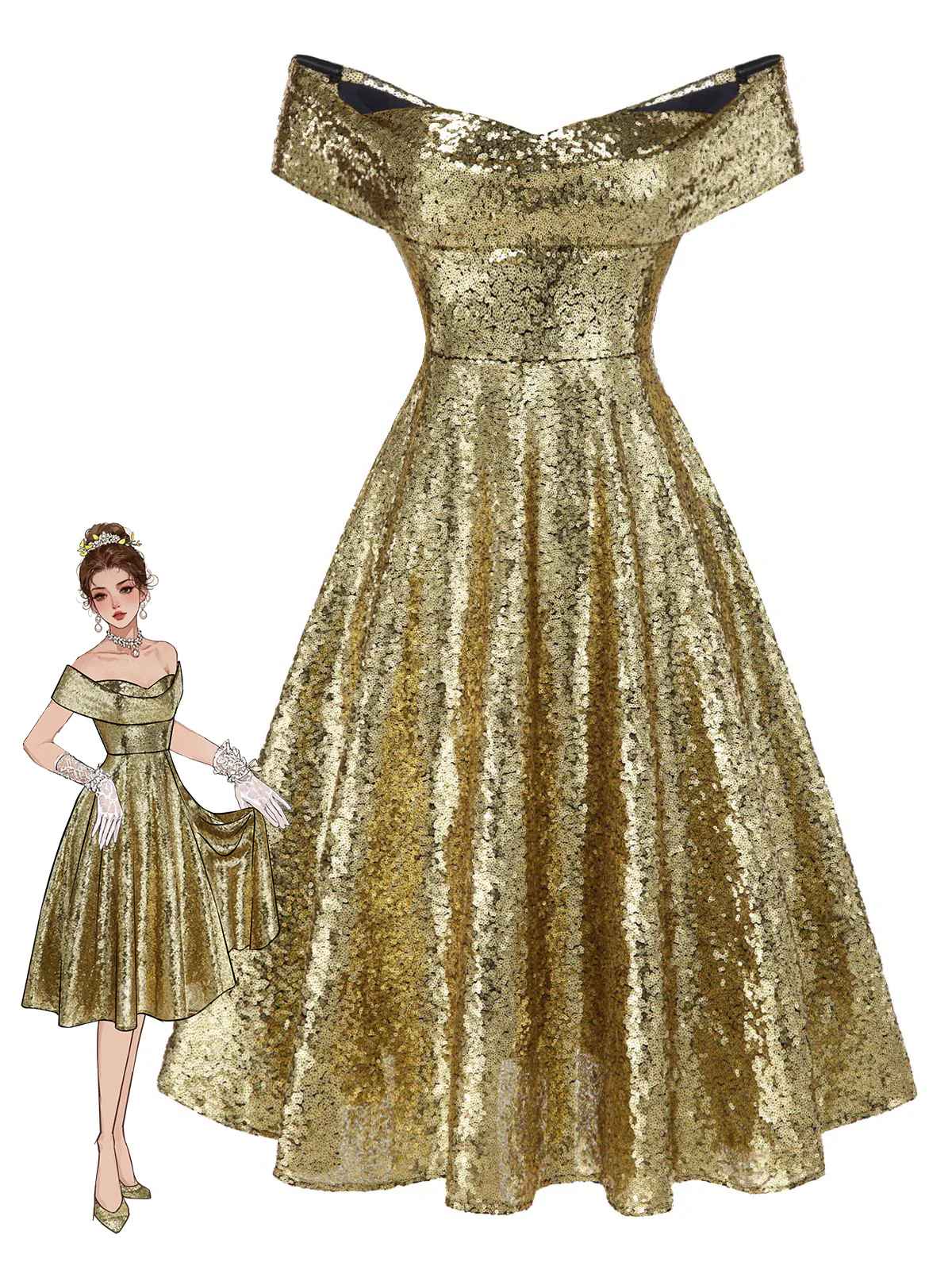Robe dorée paillettes et épaules dénudées années 1950