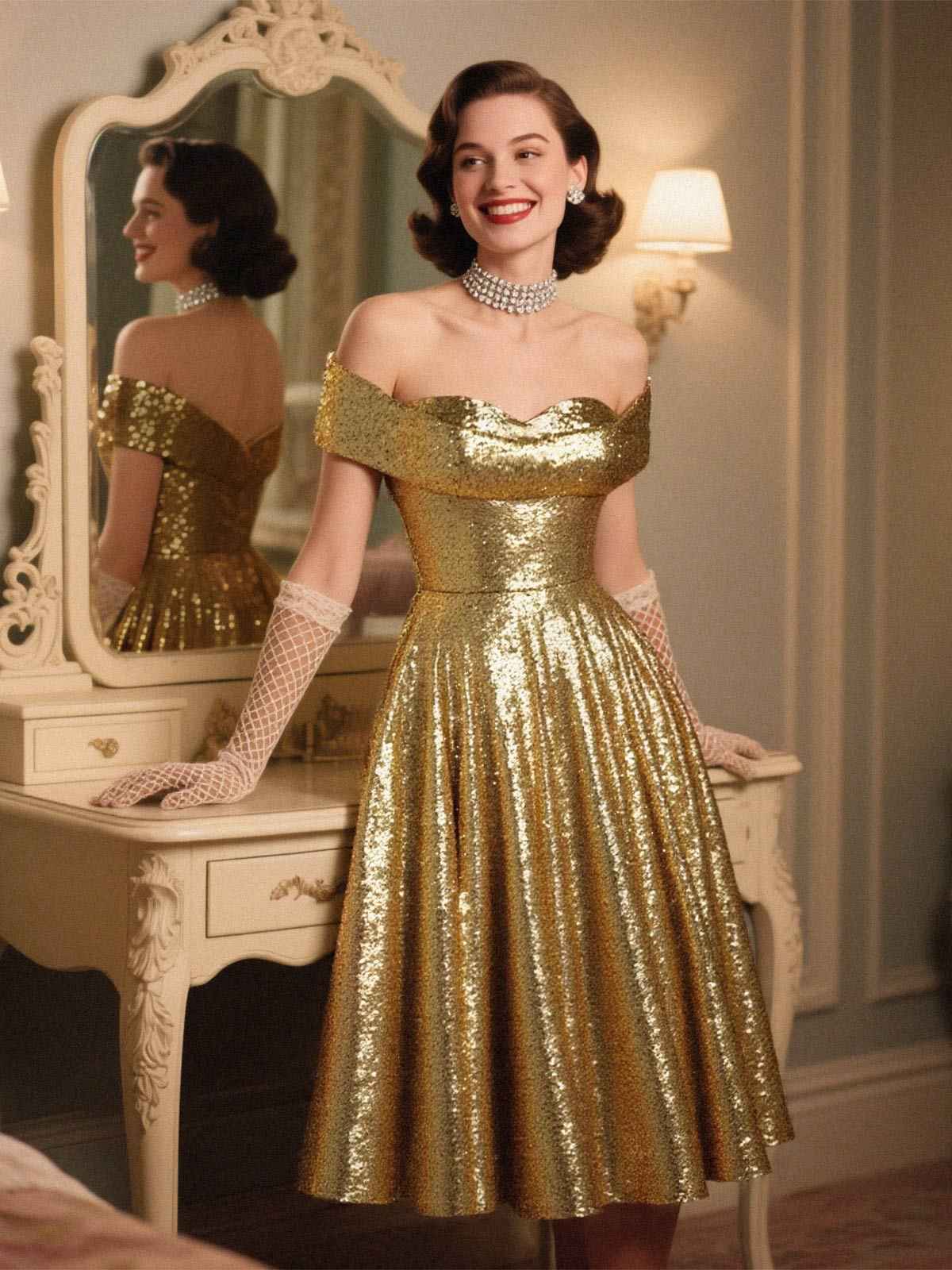 Robe dorée paillettes et épaules dénudées années 1950 - Image 2