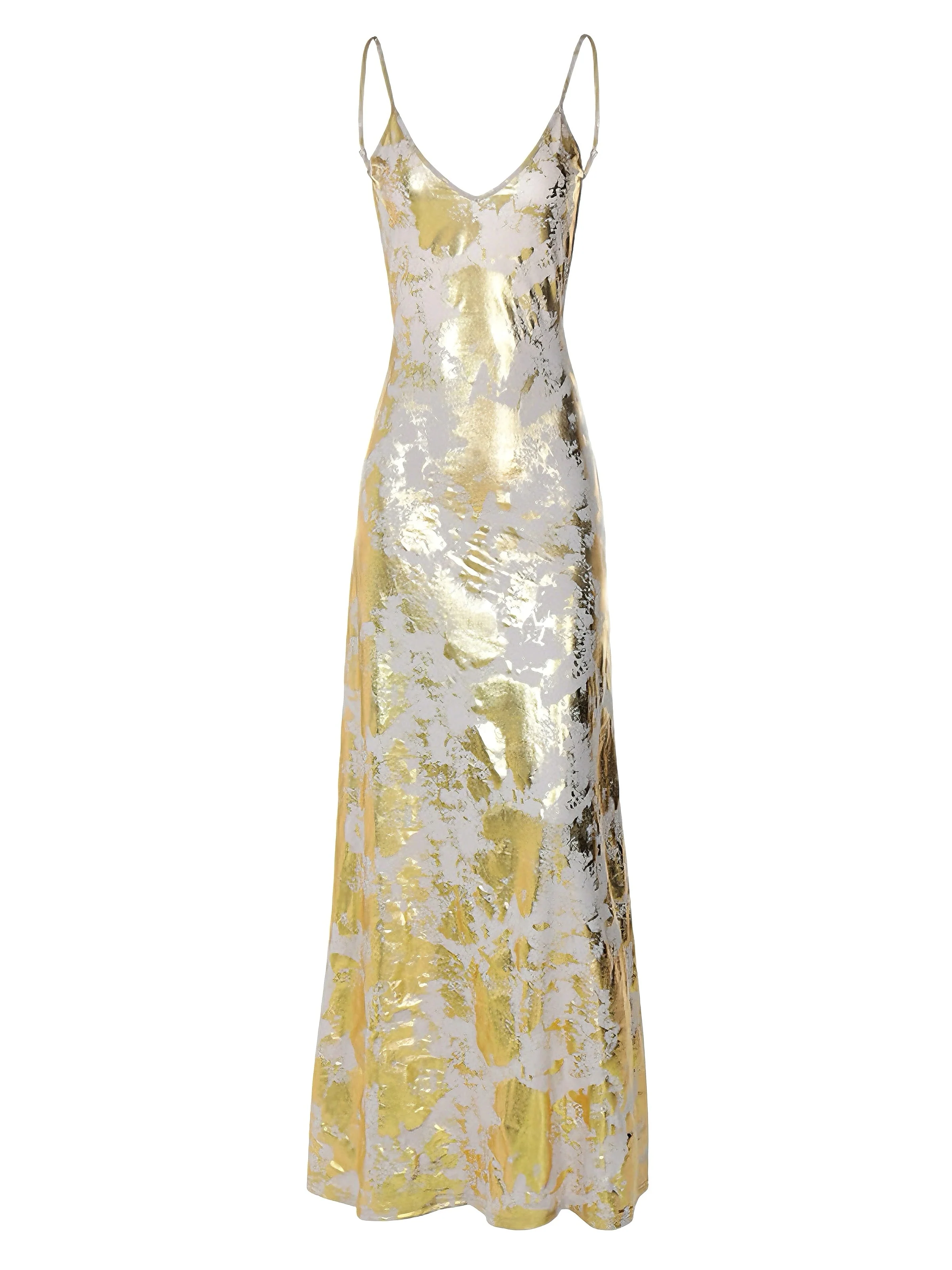 Robe dorée à fines bretelles et col en V en imprimé métallisé années 1980 - Image 2