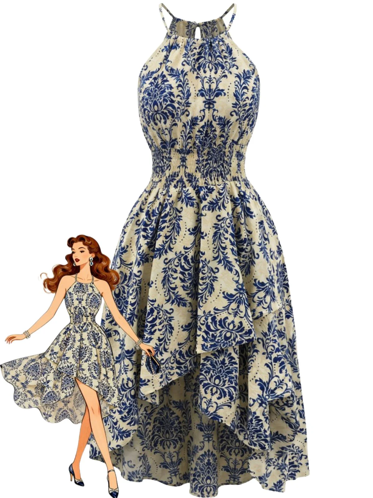 Robe dos nu bleue motif floral et liseré années 1940