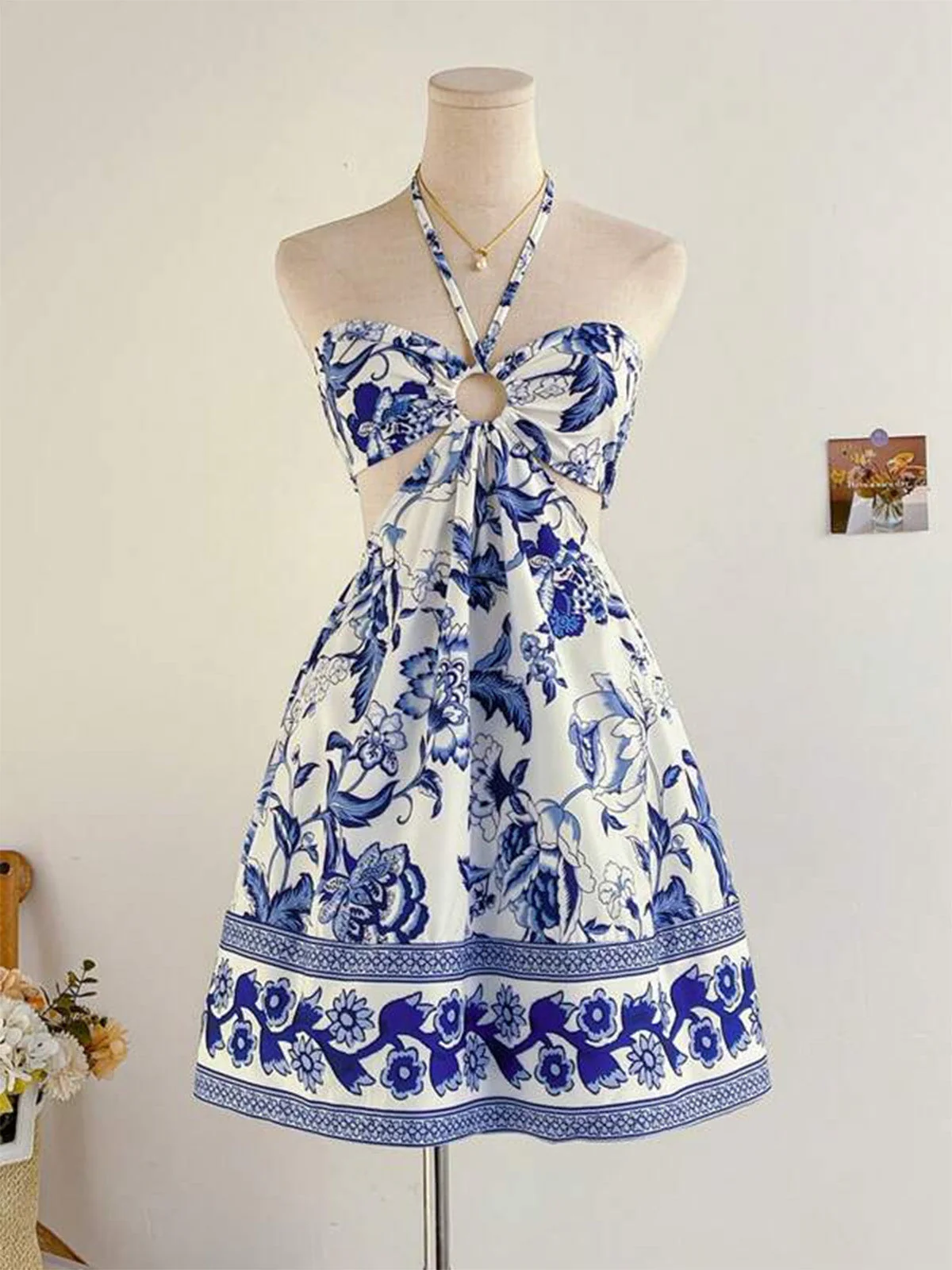 Robe Dos-Nu Fleur Bleu Bohème Années 50 - Image 4