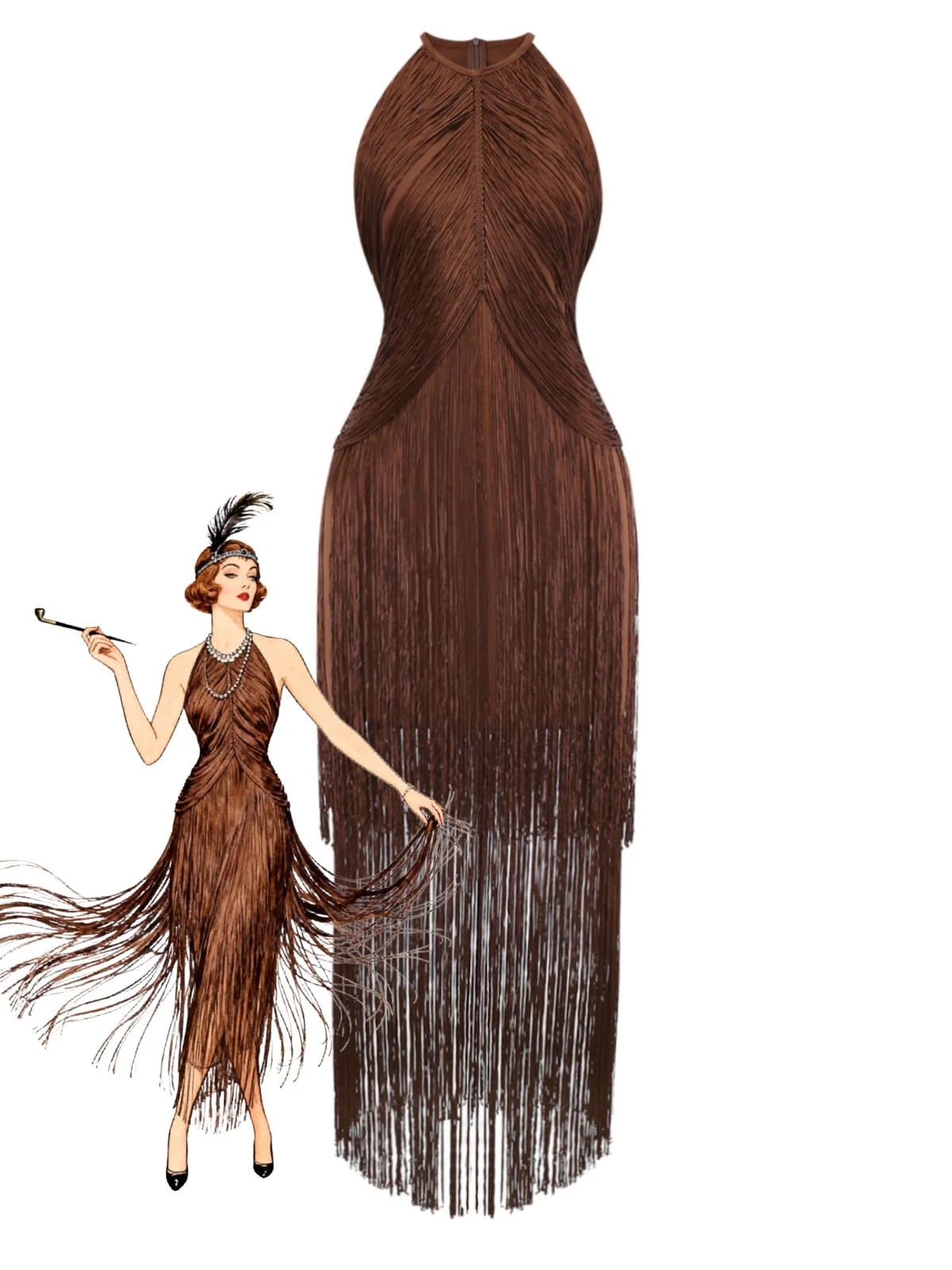 Robe dos nu franges unie couleur café années 1920