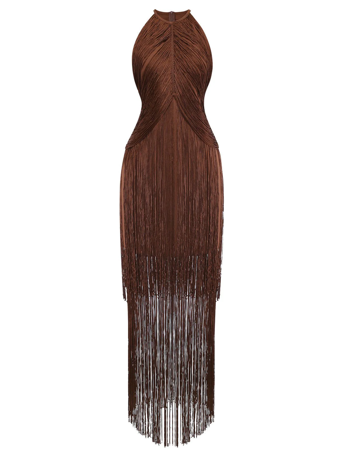 Robe dos nu franges unie couleur café années 1920 - Image 3