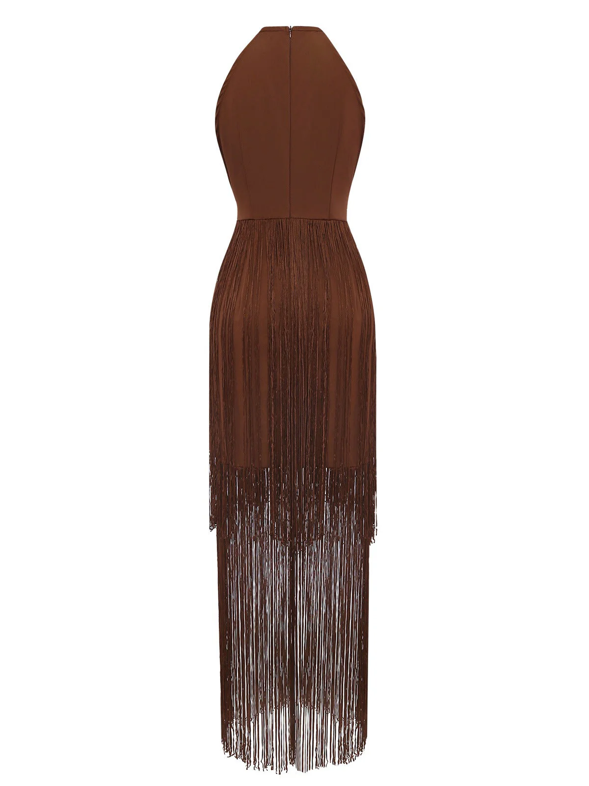 Robe dos nu franges unie couleur café années 1920 - Image 4