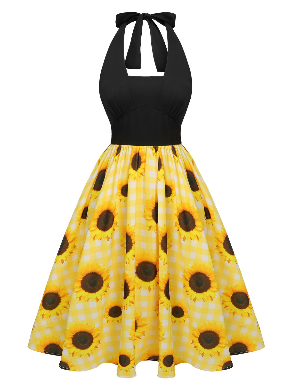 Robe dos nu jaune à carreaux tournesol des années 1950 - Image 2