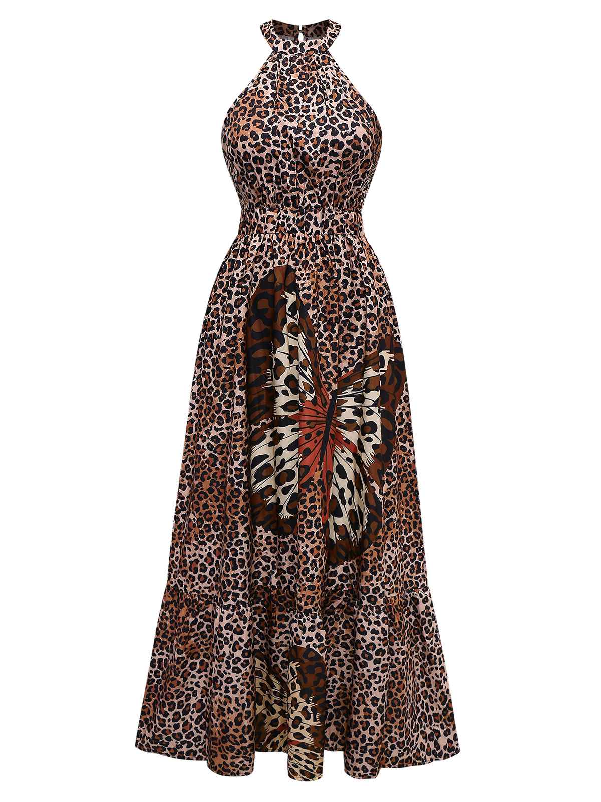 Robe dos nu ronde marron léopard et papillon des années 1930