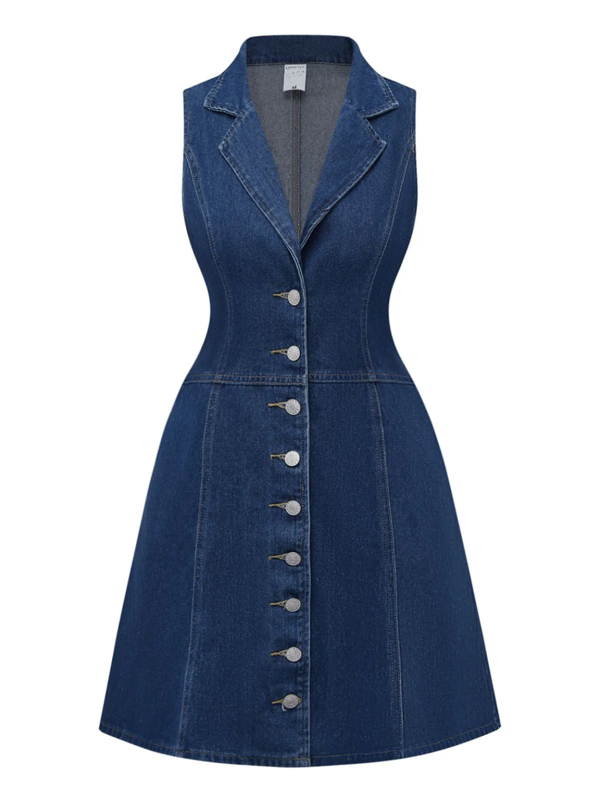 Robe en denim sans manches boutonnée bleu foncé des années 1970