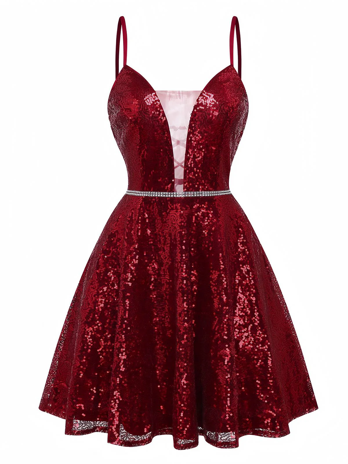 Robe en maille à paillettes col décolleté en V profond rouge vin des années 1950 - Image 2