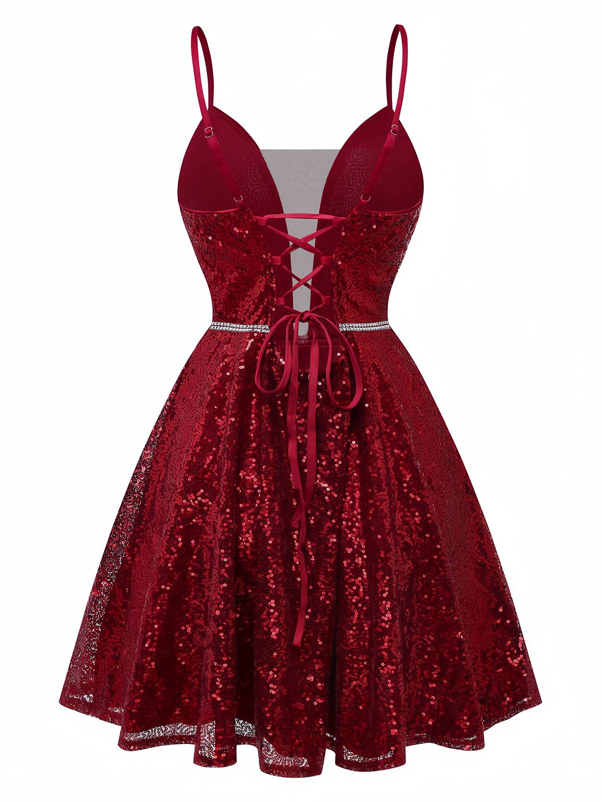 Robe en maille à paillettes col décolleté en V profond rouge vin des années 1950 - Image 3