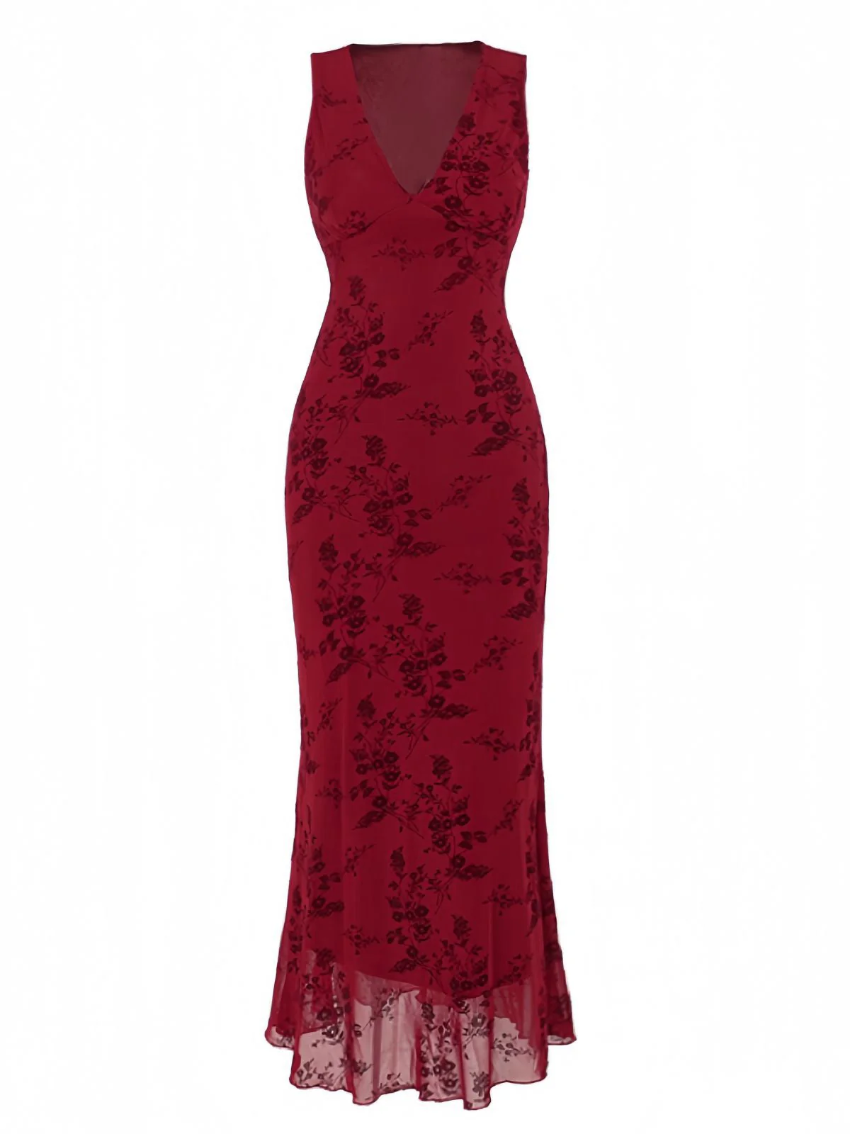 Robe en maille fleurie col v rouge vin des années 1930
