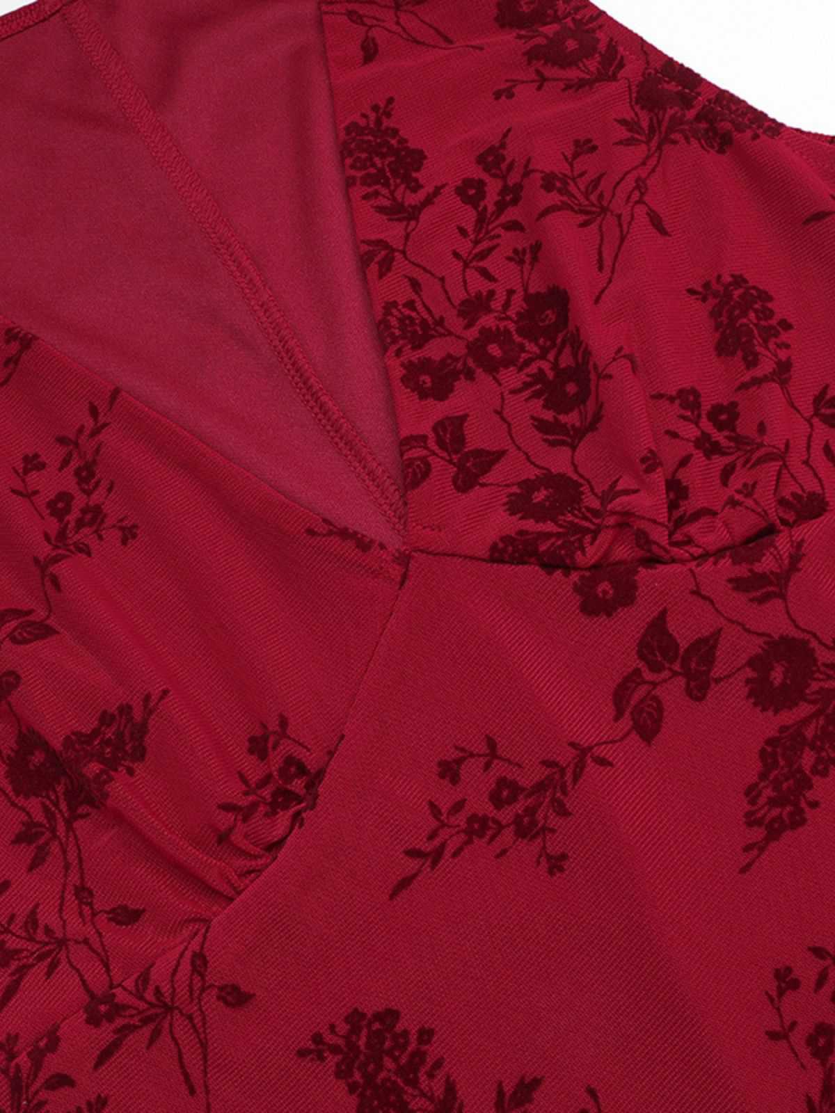 Robe en maille fleurie col v rouge vin des années 1930 - Image 3
