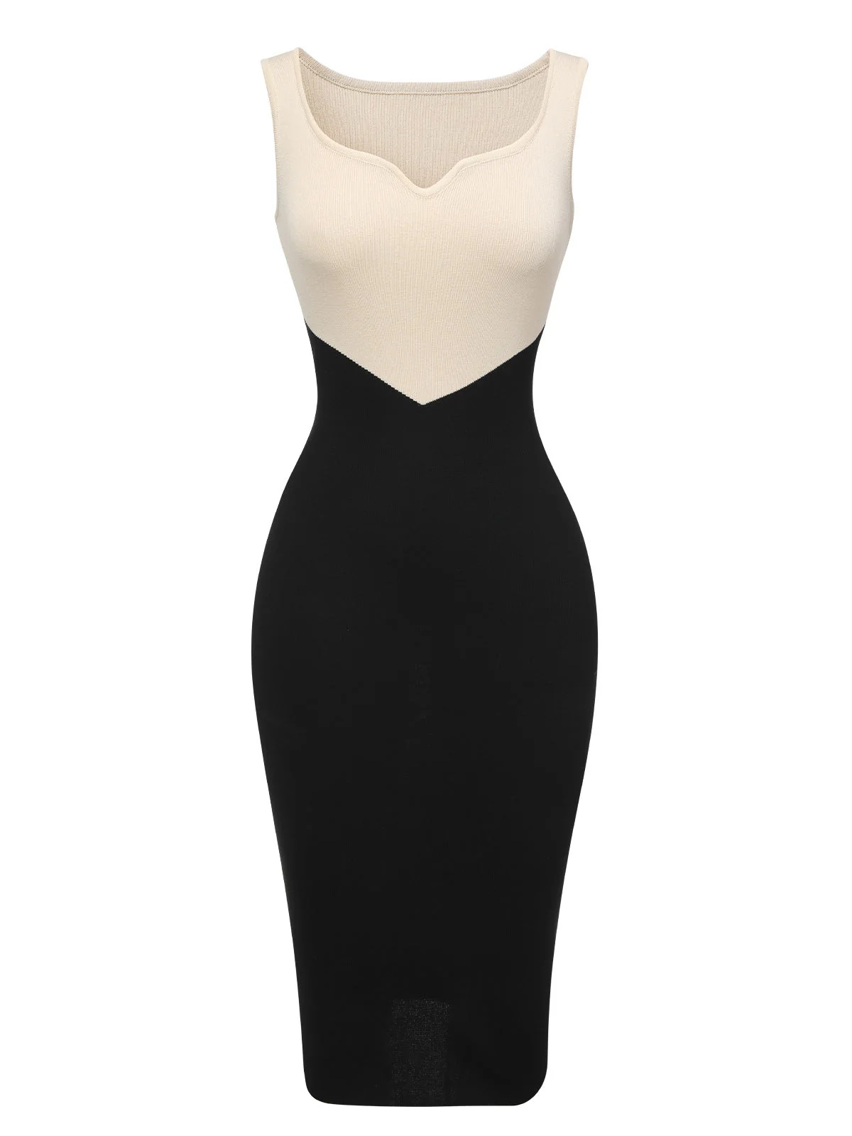 Robe en tricot patchwork à col en cœur noir et blanc des années 1960