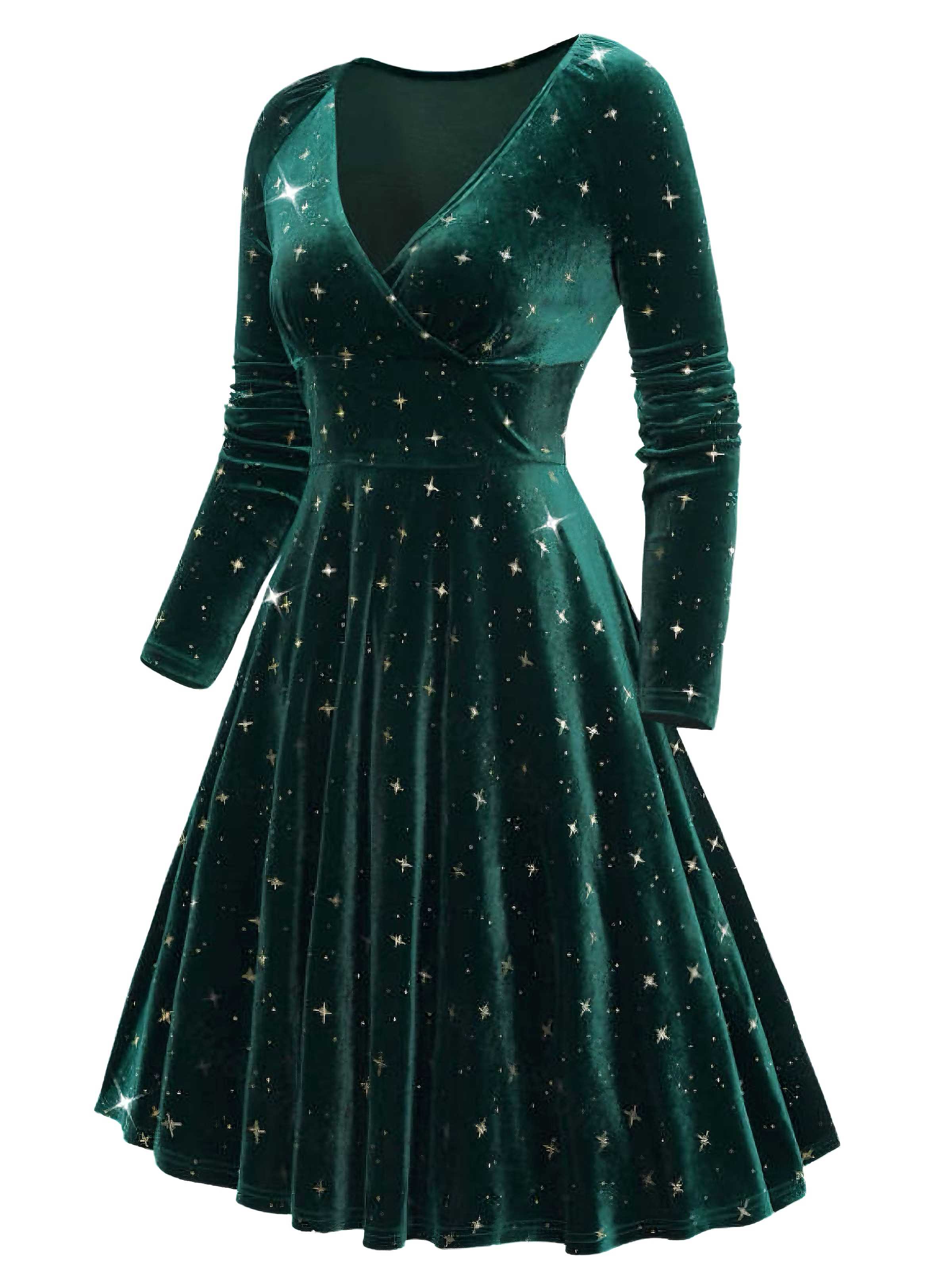 Robe en velours col en V et étoiles vert foncé des années 1940 - Image 2