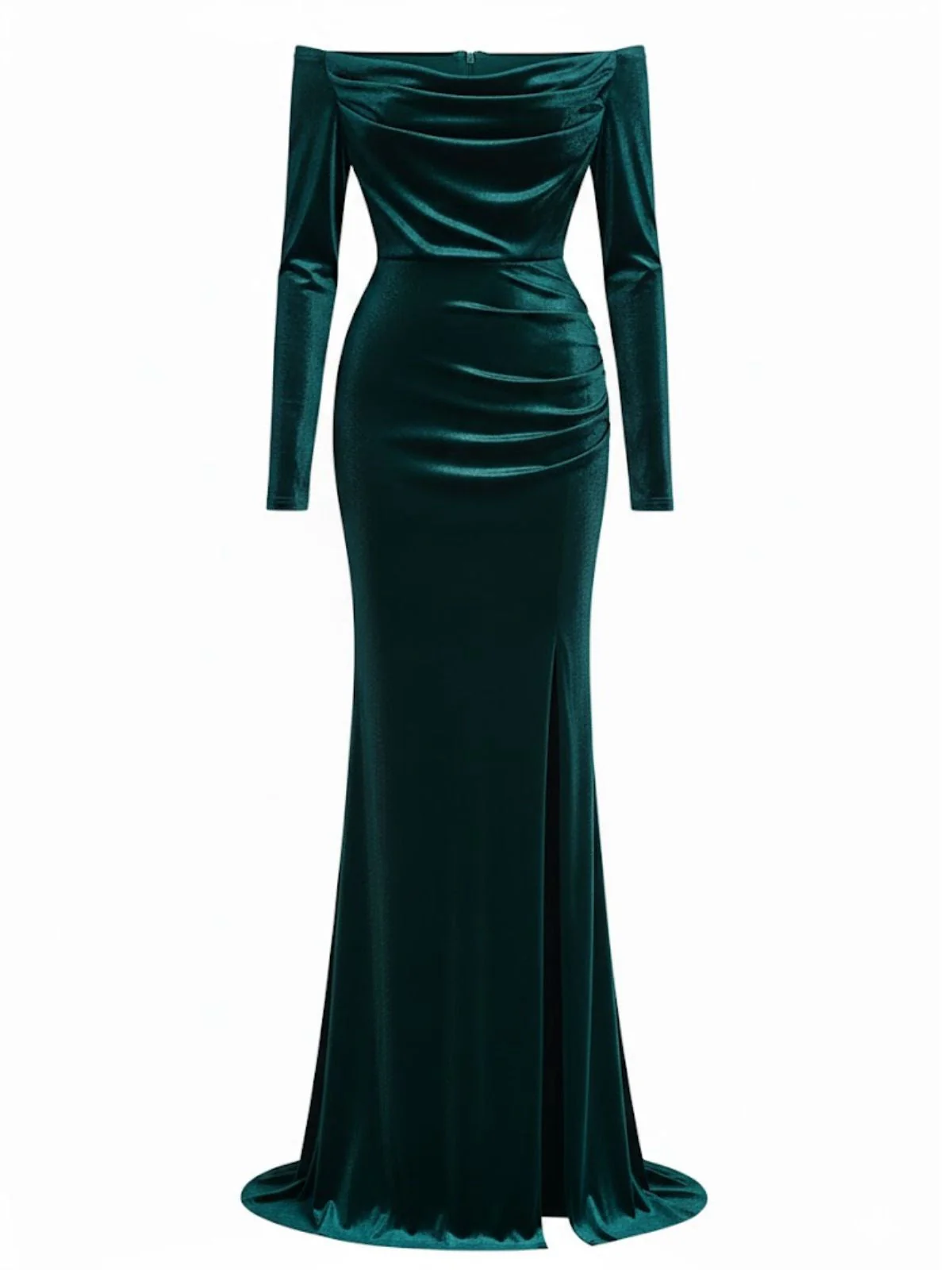 Robe en velours épaules dénudées froncée et fendue sur le côté années 1930