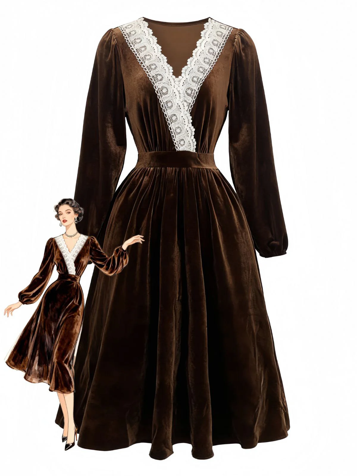Robe en velours patchwork de dentelle unie marron des années 1940