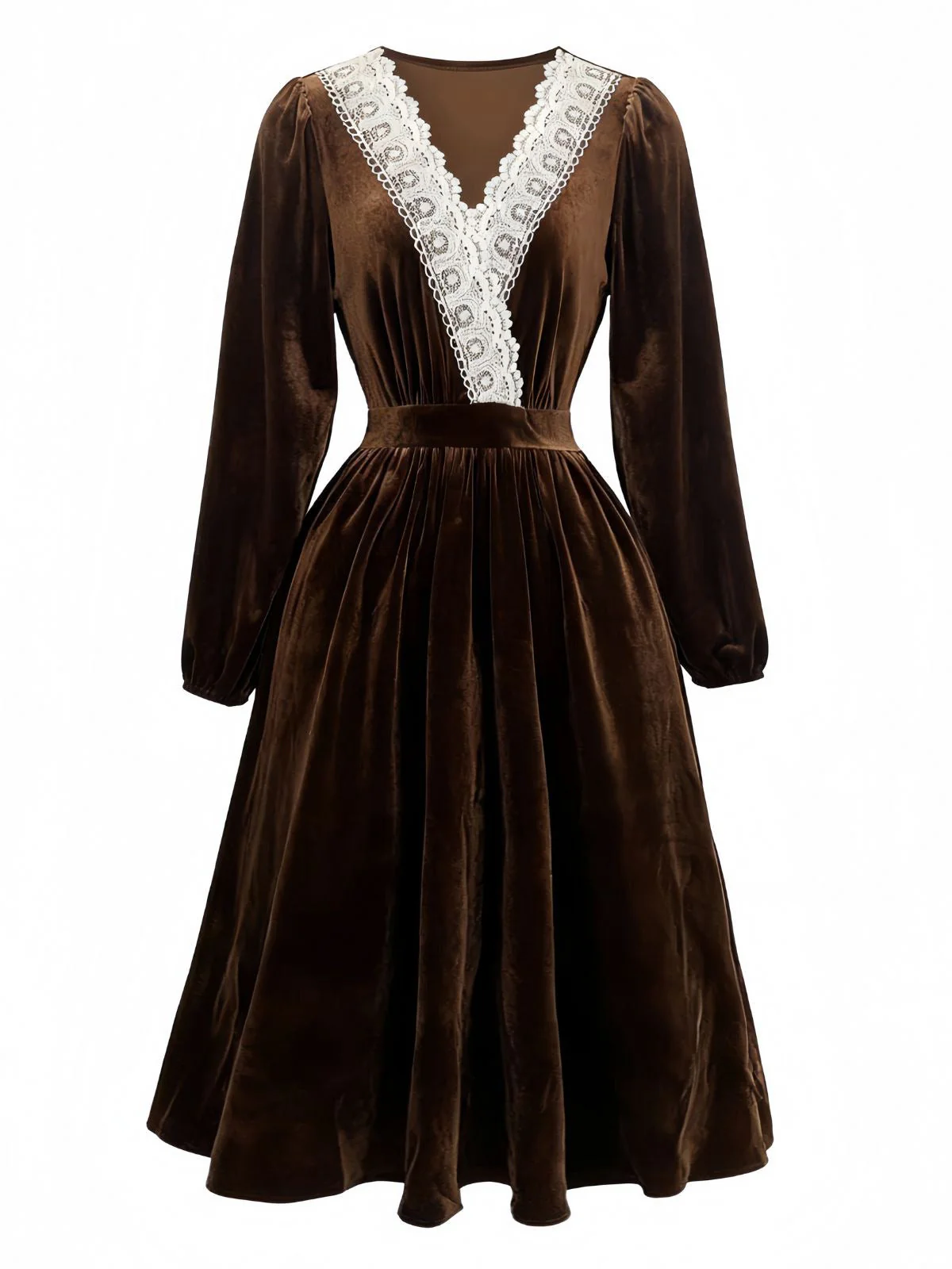Robe en velours patchwork de dentelle unie marron des années 1940 - Image 2