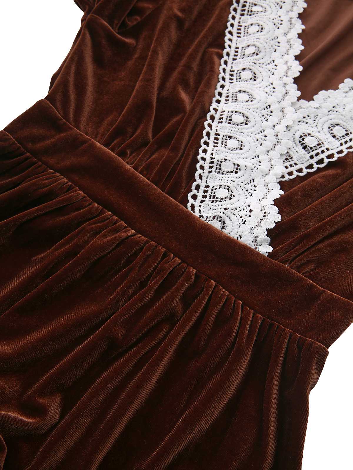 Robe en velours patchwork de dentelle unie marron des années 1940 - Image 5