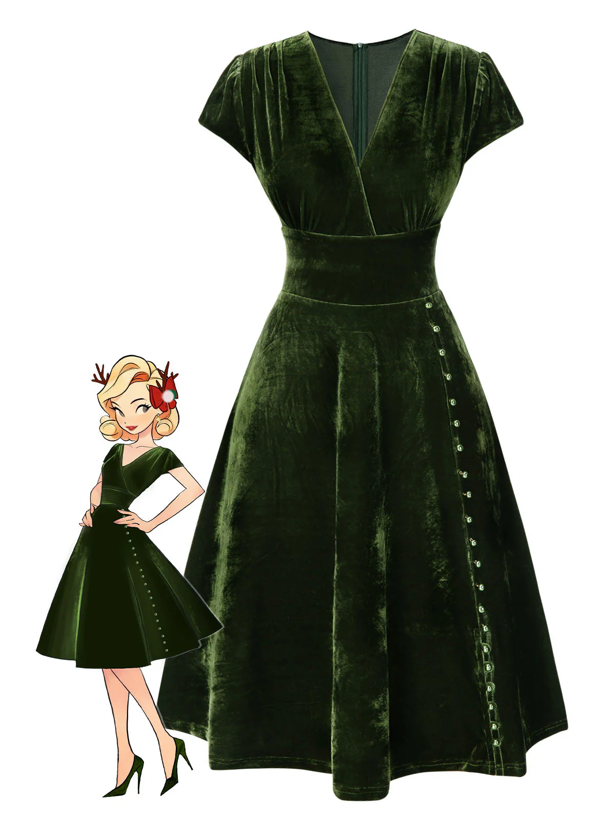 Robe en velours perlé rouge à col en V profond des années 40 - Image 2