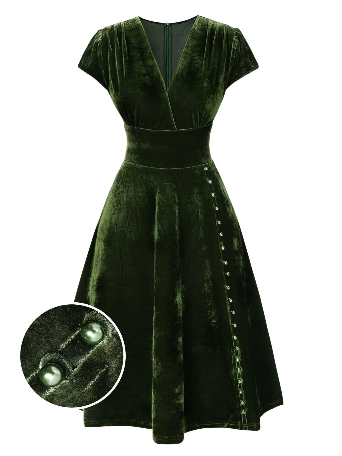 Robe en velours perlé rouge à col en V profond des années 40 - Image 3