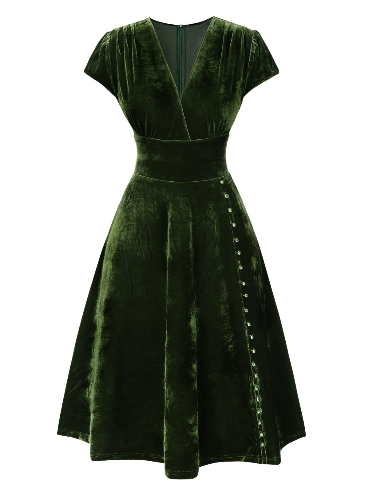 Robe en velours perlé rouge à col en V profond des années 40 - Image 4