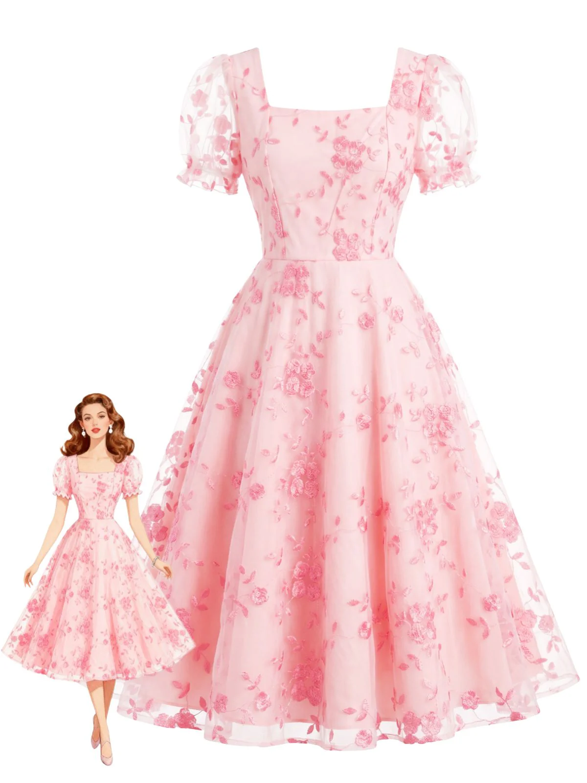 Robe encolure carrée manches bouffantes et broderie florale années 40