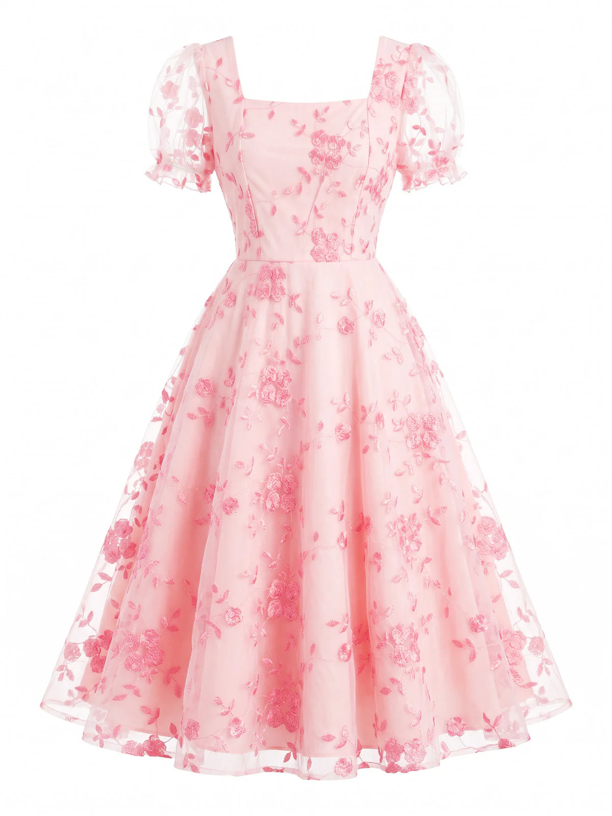 Robe encolure carrée manches bouffantes et broderie florale années 40 - Image 2