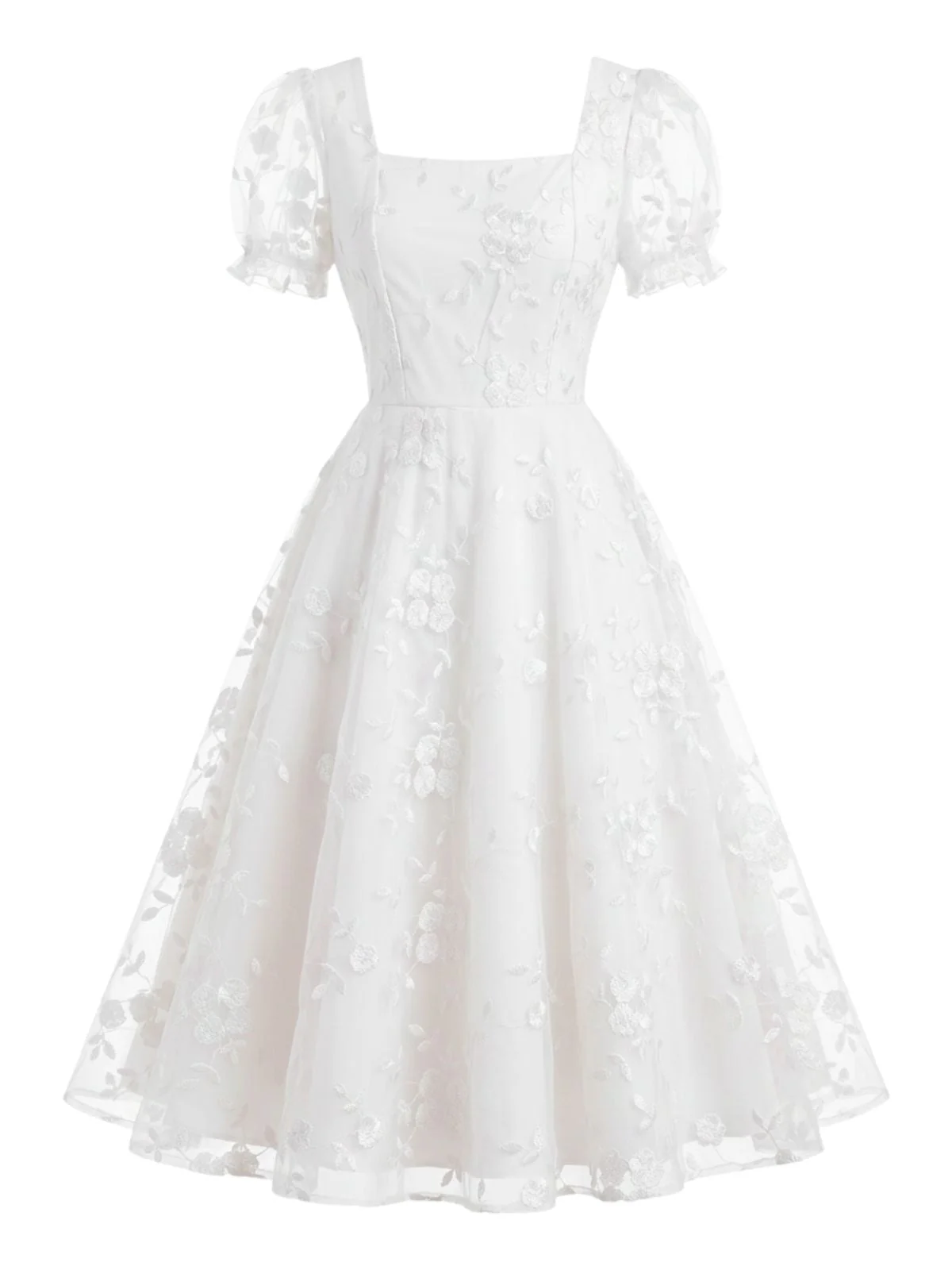 Robe encolure carrée manches bouffantes et broderie florale années 40 - Image 4