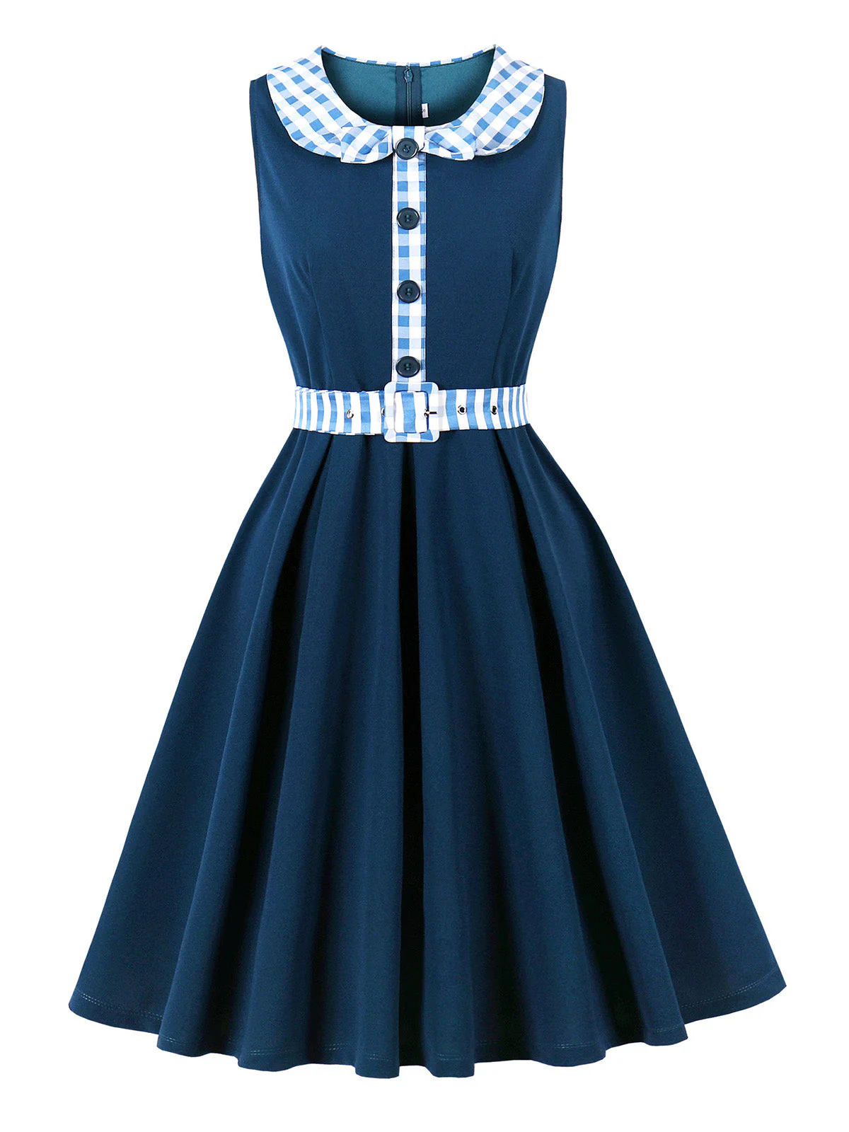 Robe évasée bleu marine motif vichy col Claudine et ceinture années 50