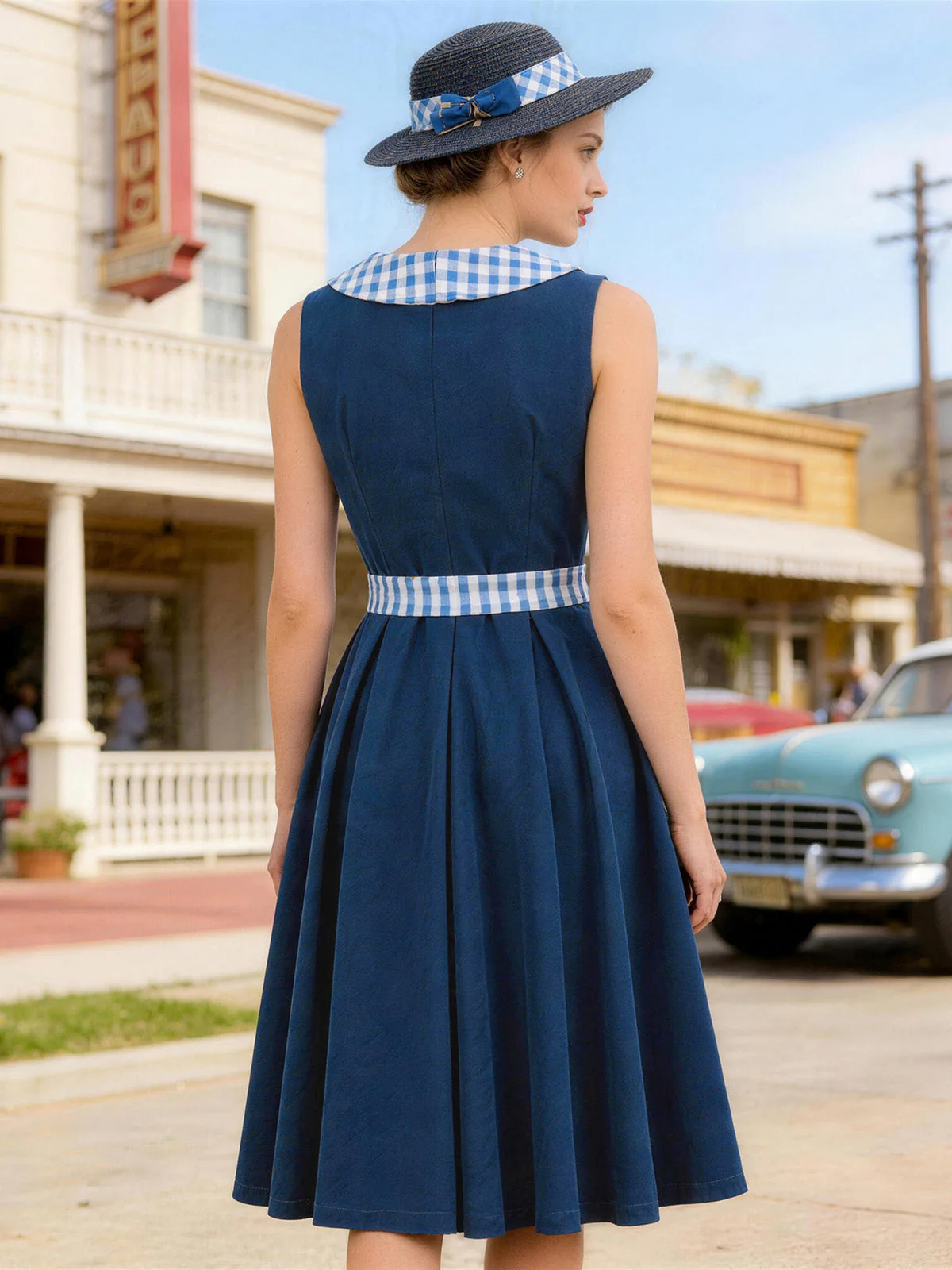 Robe évasée bleu marine motif vichy col Claudine et ceinture années 50 - Image 3