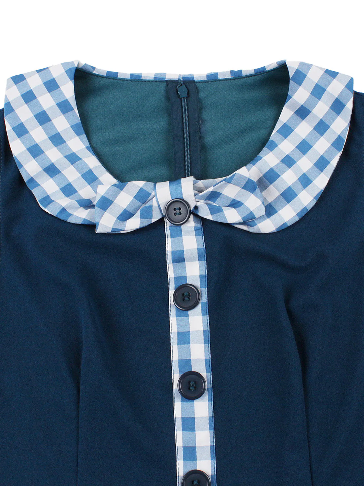 Robe évasée bleu marine motif vichy col Claudine et ceinture années 50 - Image 5