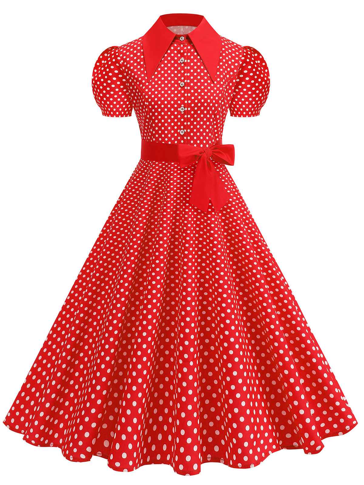 Robe évasée ceinturée col chemise unie à pois 1950s
