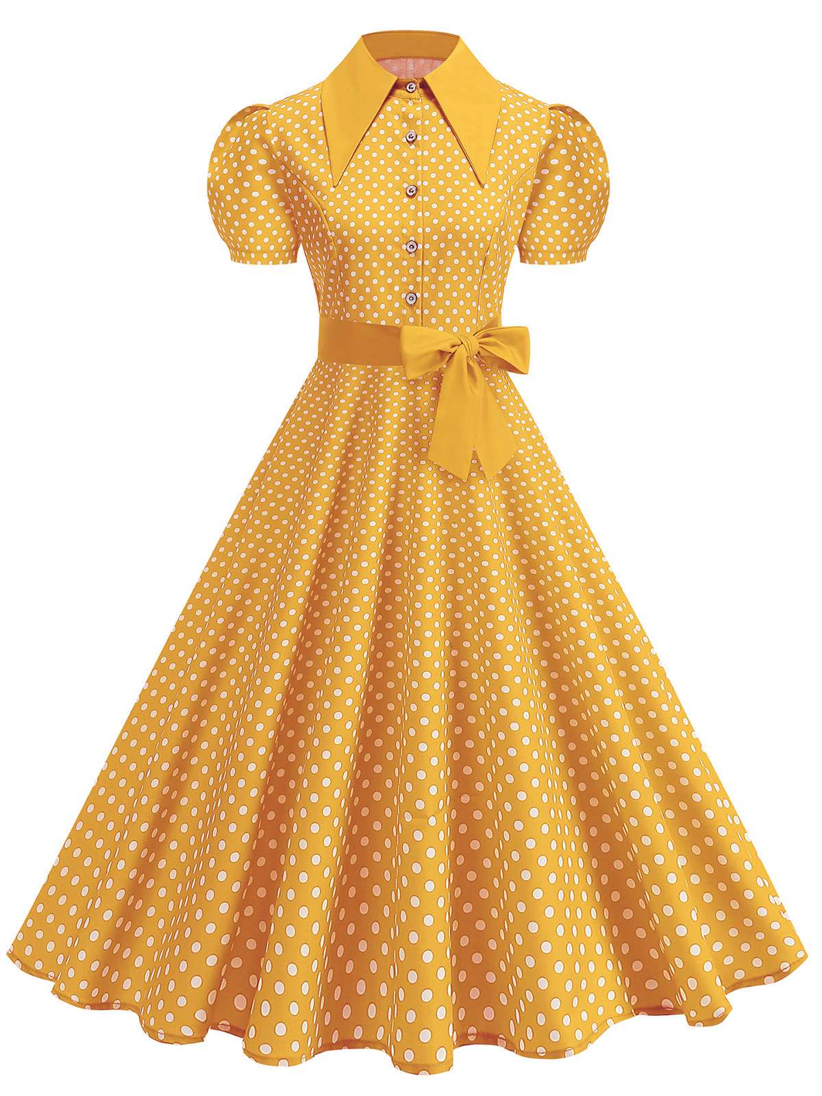 Robe évasée ceinturée col chemise unie à pois 1950s - Image 10