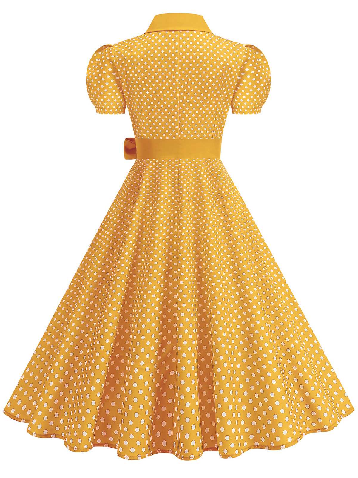 Robe évasée ceinturée col chemise unie à pois 1950s - Image 11