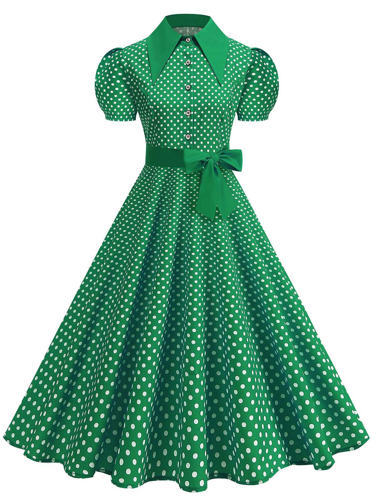 Robe évasée ceinturée col chemise unie à pois 1950s - Image 13
