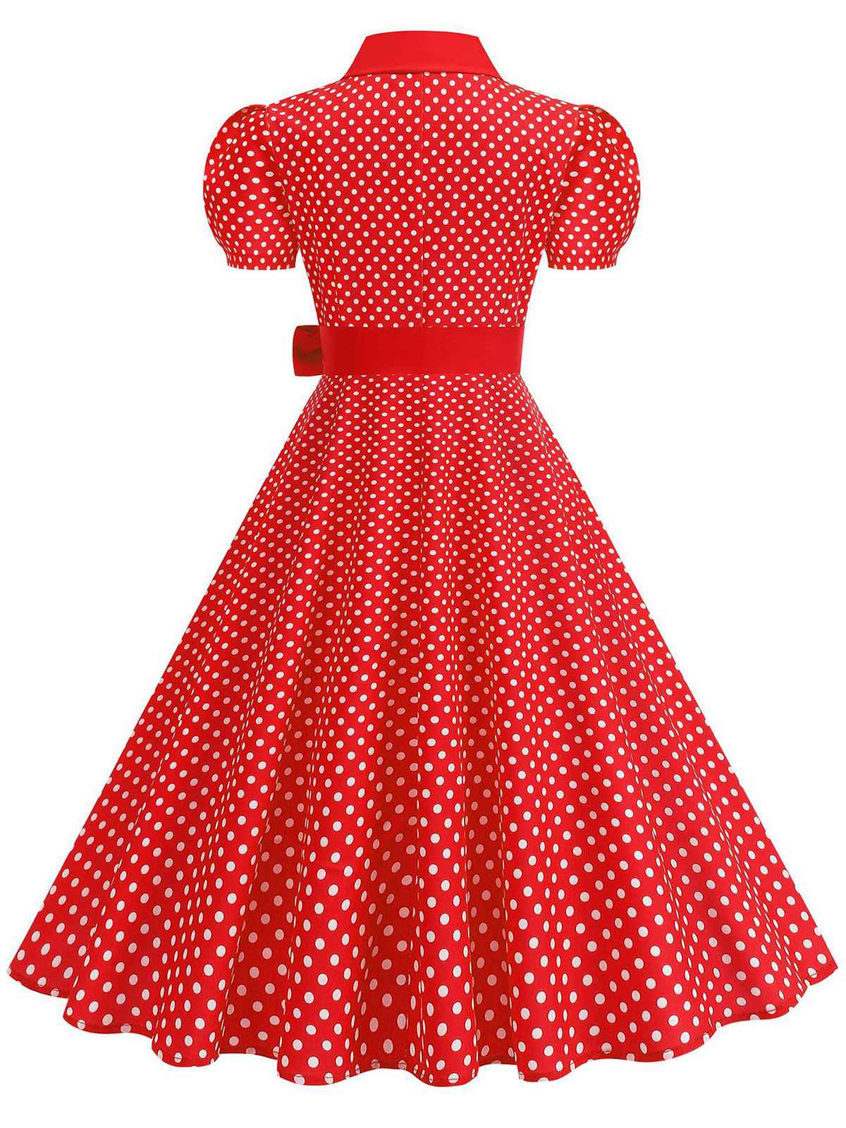 Robe évasée ceinturée col chemise unie à pois 1950s - Image 2