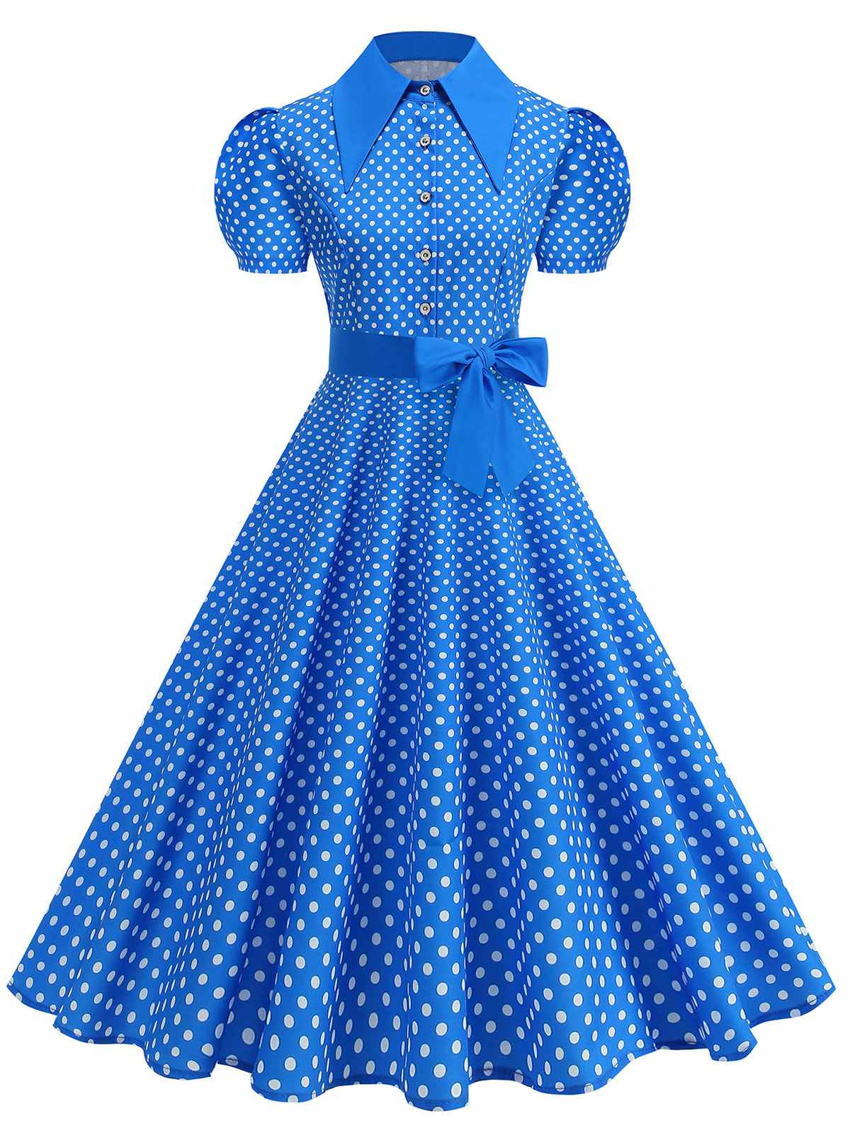 Robe évasée ceinturée col chemise unie à pois 1950s - Image 7